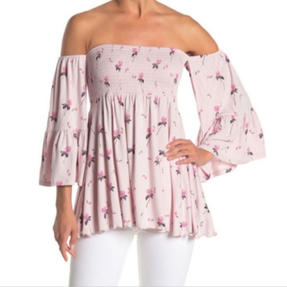 Free People Pink Floral Off-Shoulder Smocked Top
